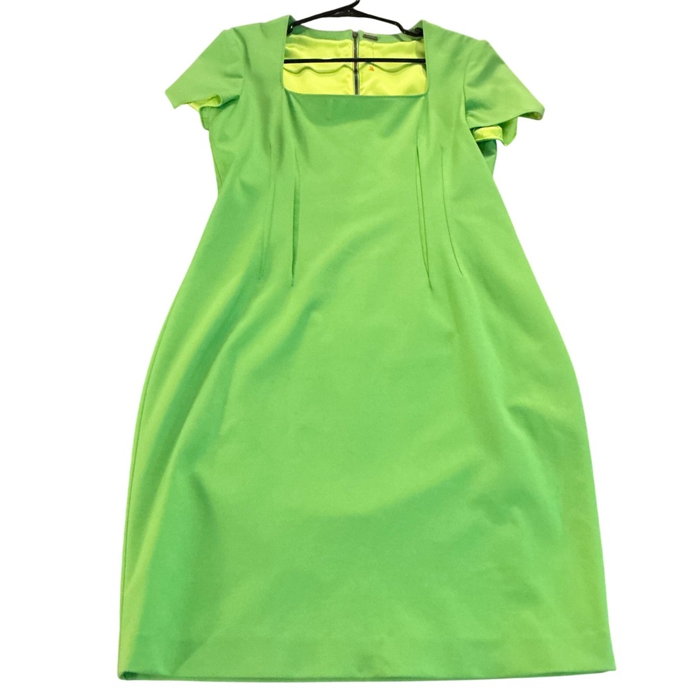 Elie Tahari Lime Green Square Neck Sheath Dress Size 12 Exposed Back Zip Stretch